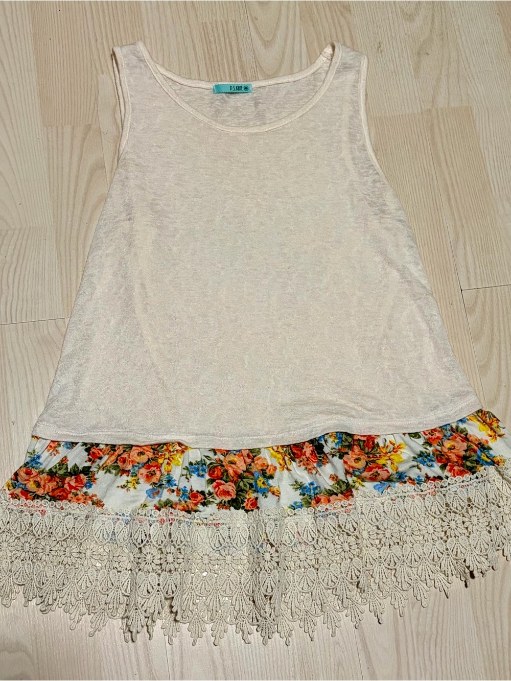 Cream Tank Top with Floral Hem and Crochet Trim